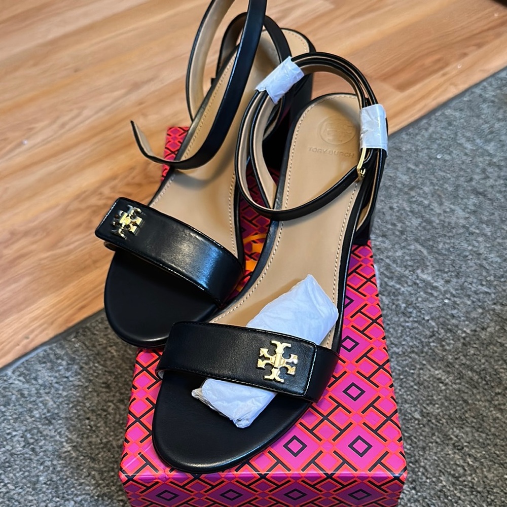 Tory Burch Black Heeled Sandals with Gold Logo